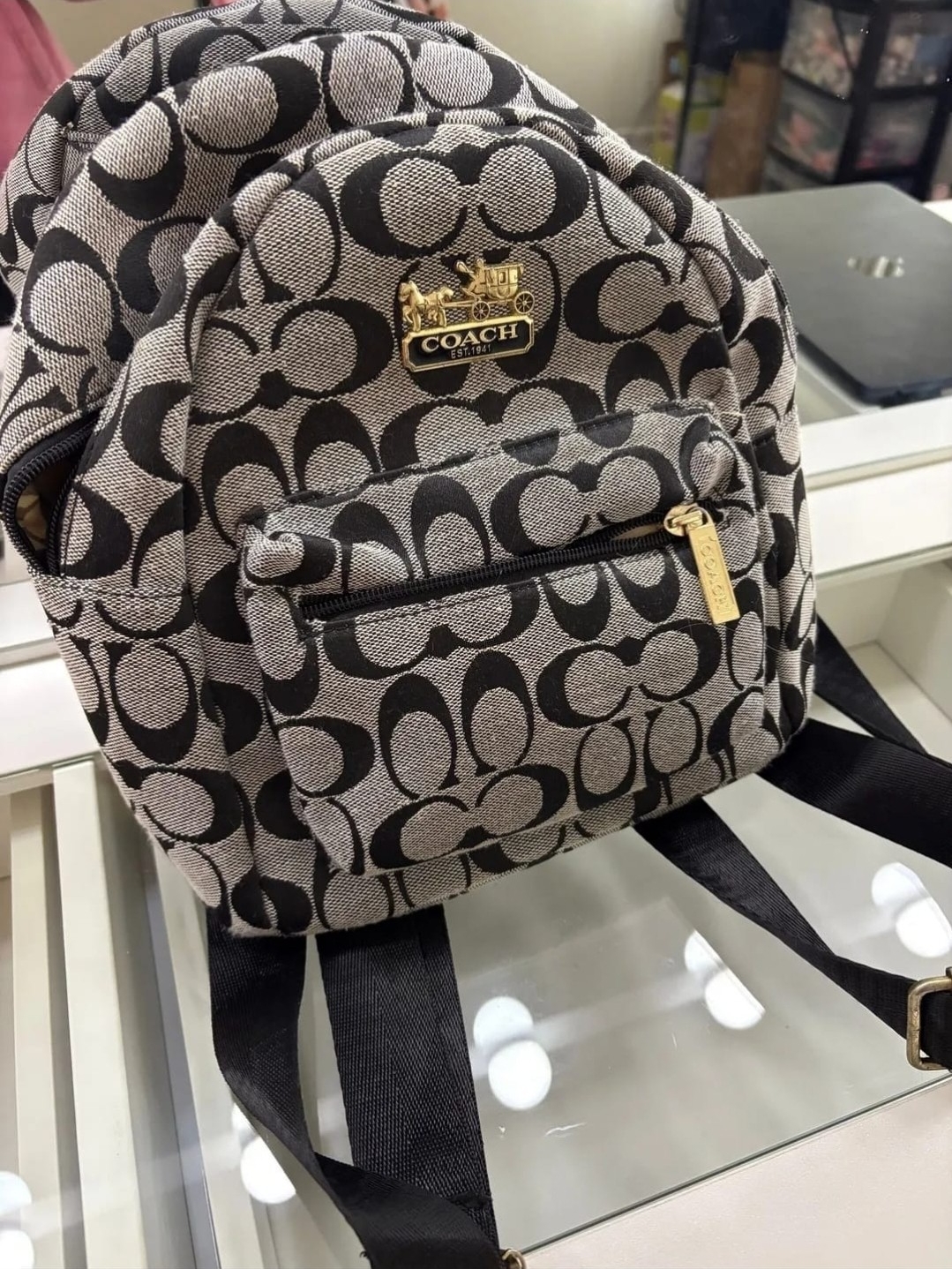 Coach Mini Backpack In Black And Cream Signature Jacquard